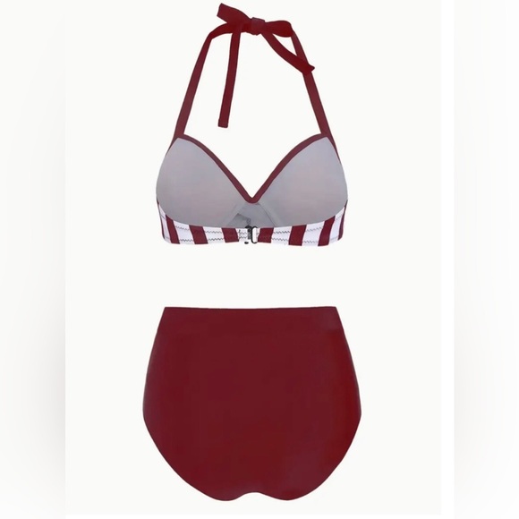 Retro Pin Up Girl Burgundy Stripe Push Up High Waisted Bikini Set XXL - Picture 2 of 10